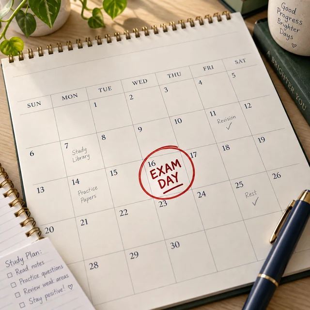 Study calendar with exam day circled in red.