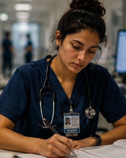 A medical resident in scrubs writes notes during a hospital shift.