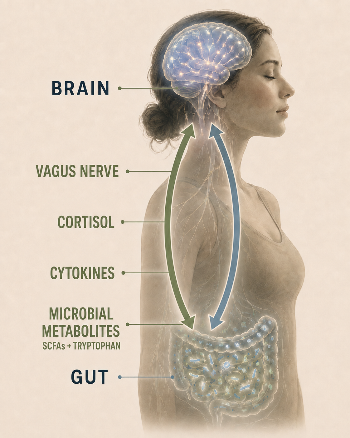 Diagram of the gut-brain connection: signals travel between the gut and brain along the vagus nerve, and through cortisol, cytokines, and microbial metabolites like SCFAs and tryptophan.
