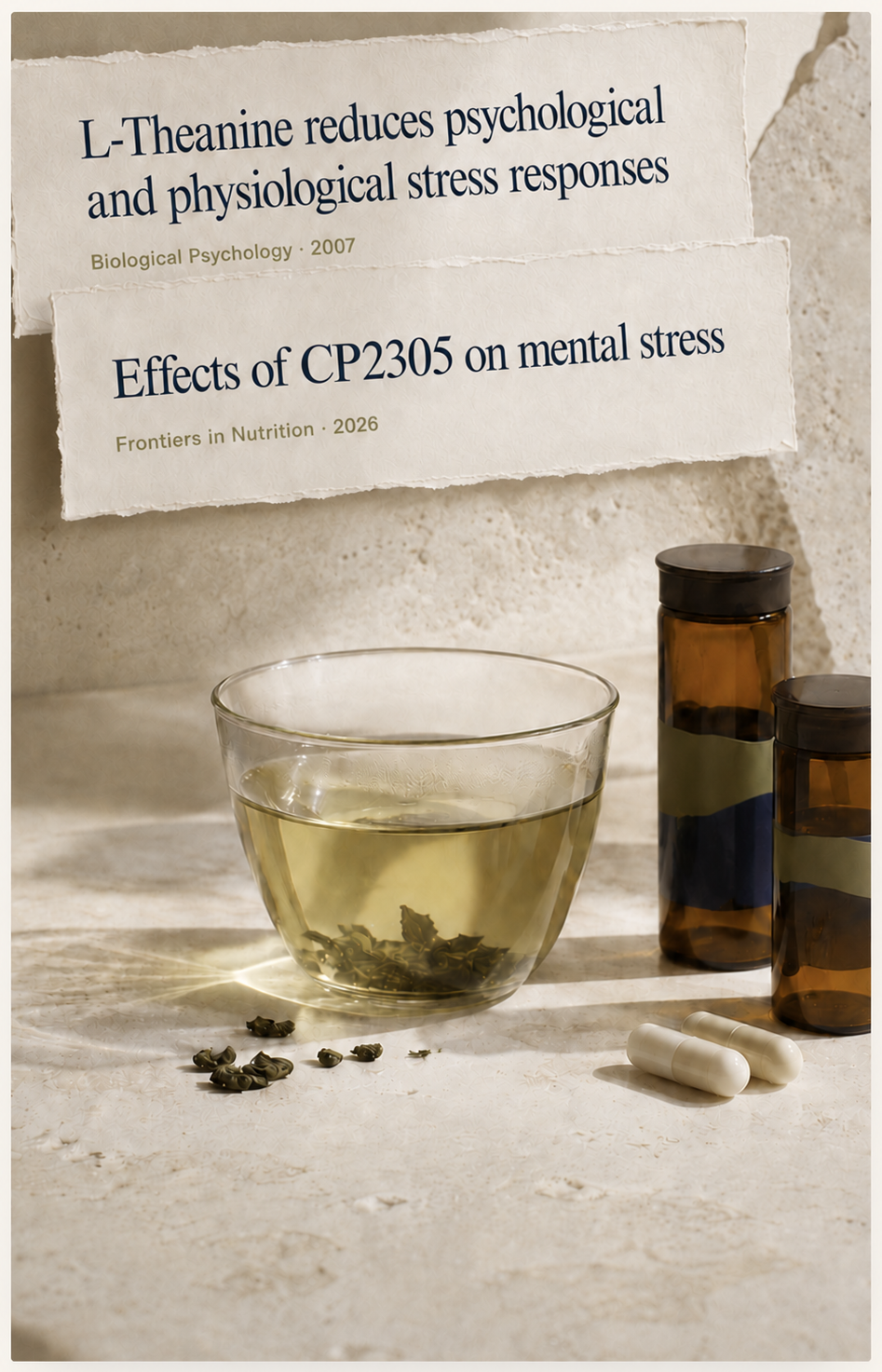 Clinical study clippings for L-theanine and CP2305 beside green tea and supplement capsules, representing the published research behind PressurePrep's ingredients.