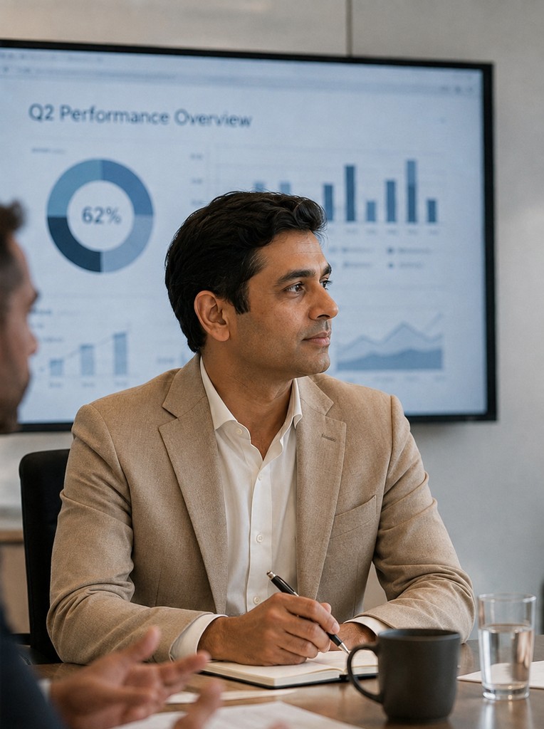 An executive delivers a quarterly performance presentation to colleagues in a boardroom.