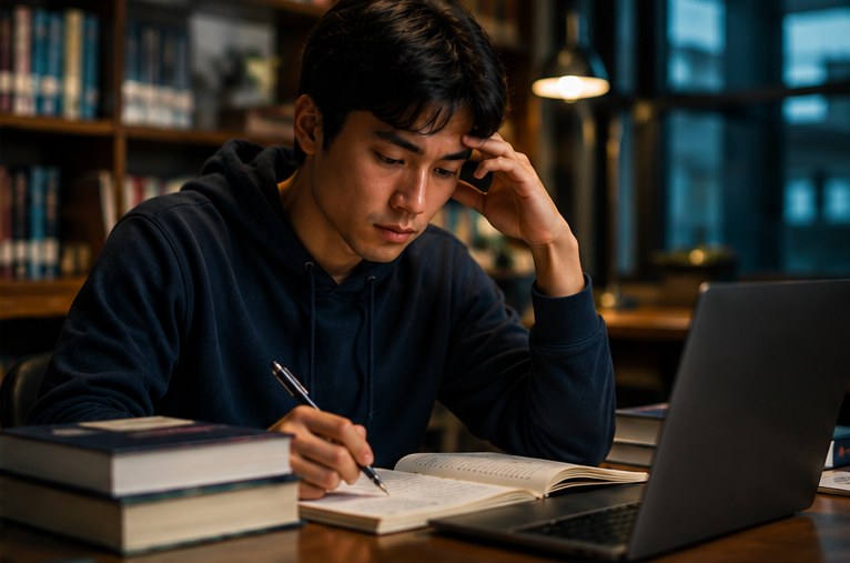 A student writes in a notebook surrounded by books and a laptop in a library.