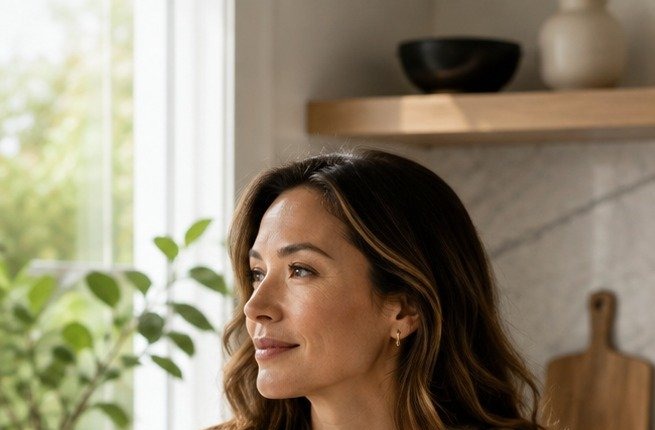 A woman beginning her day calmly in her kitchen.
