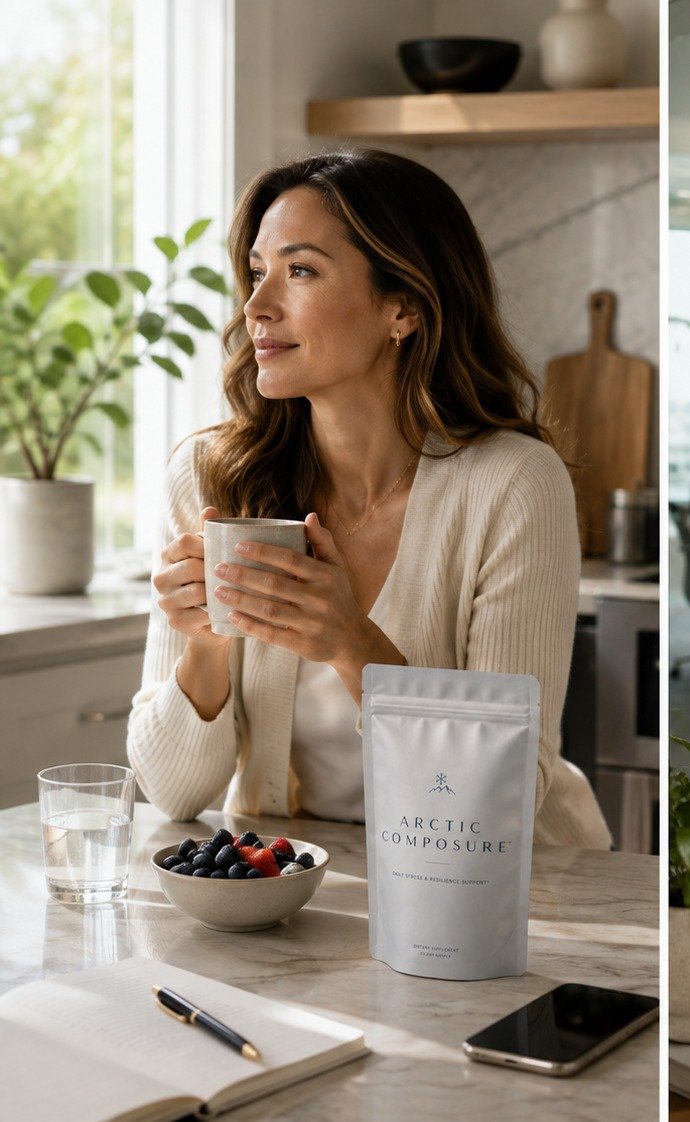 A woman beginning her day calmly with coffee and PressurePrep at her kitchen counter.