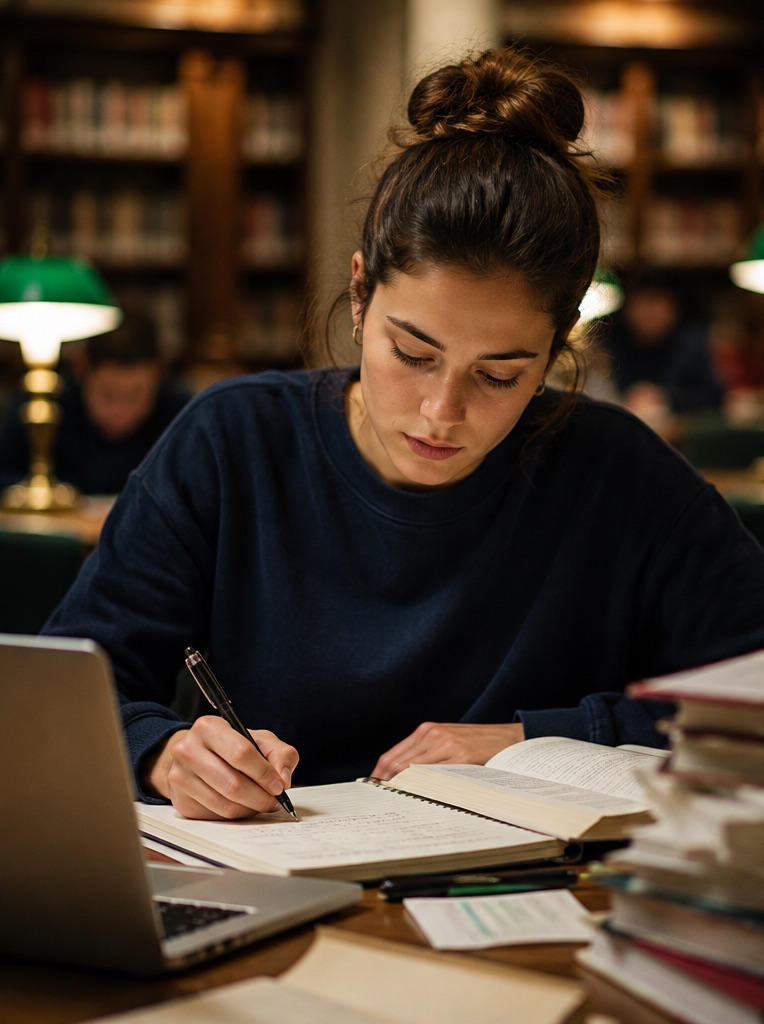 A student taking notes at a library desk.